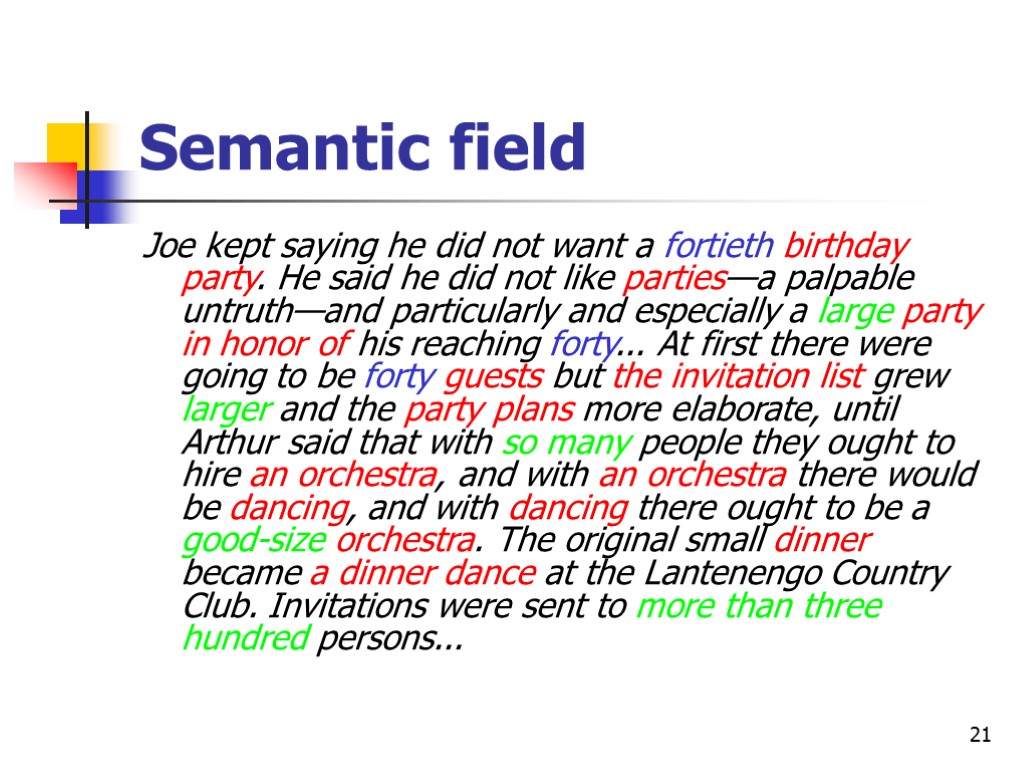 21 Semantic field Joe kept saying he did not want a fortieth birthday party.